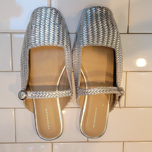 NIB Anthropologie Metallic Silver Woven Maryjane Mules - Picture 2 of 8